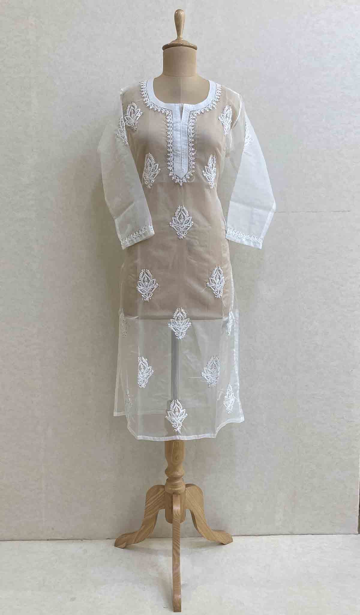 Women's Lakhnavi Handcrafted White Organza Chikankari Kurti - HONC029495
