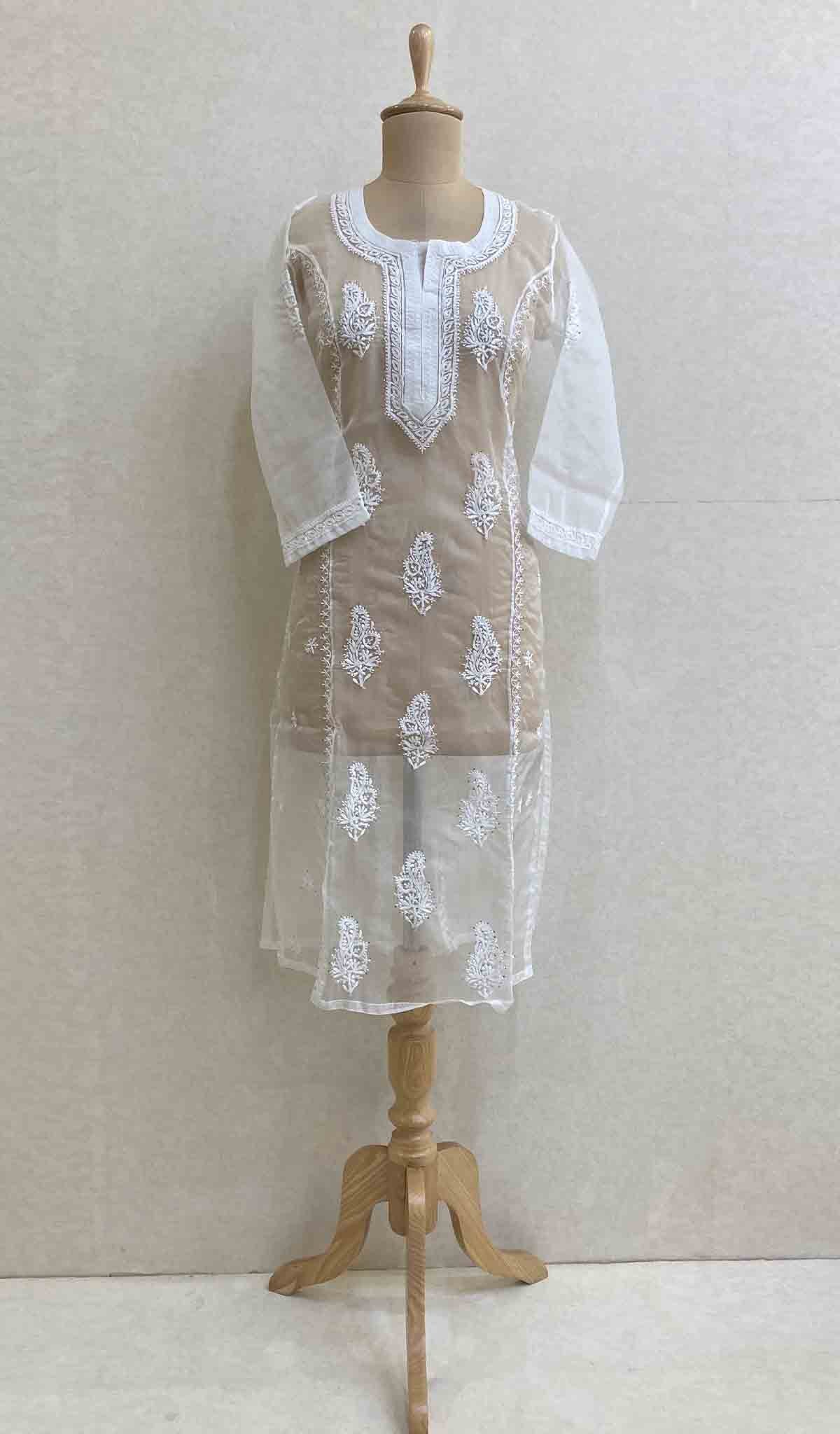 Women's Lakhnavi Handcrafted White Organza Chikankari Kurti - HONC029504