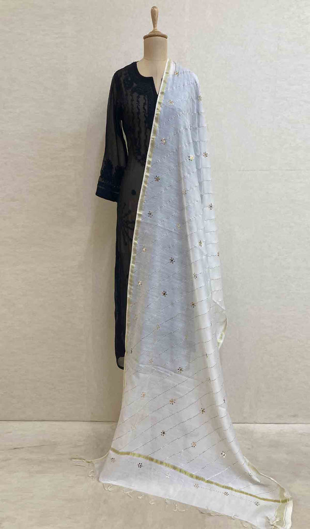 Women's Lakhnavi Handcrafted Chanderi Silk Chikankari Dupatta - HONC019859