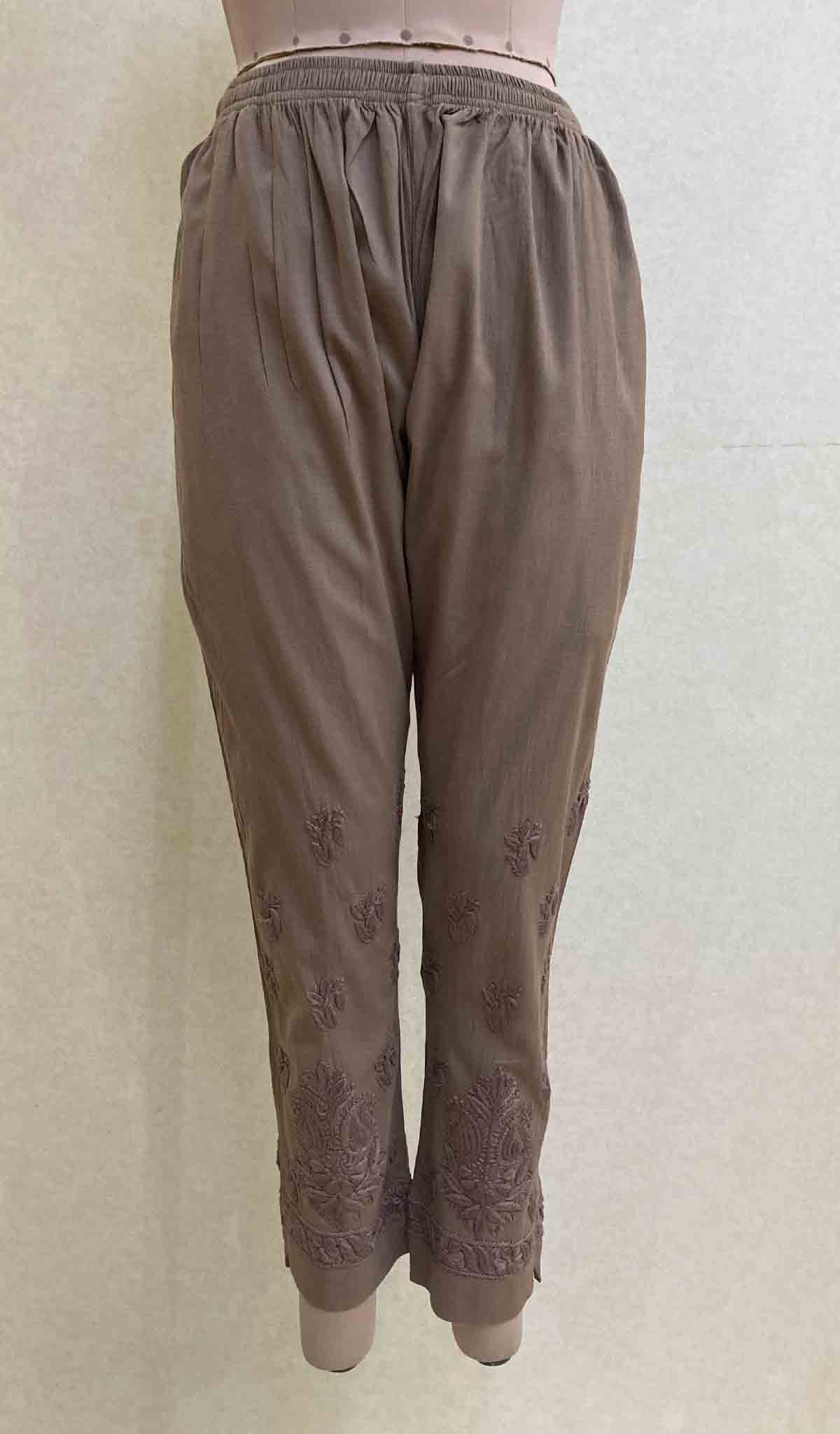 Lucknowi 手工制作亚麻棉 Chikankari 裤子 - HONC035090