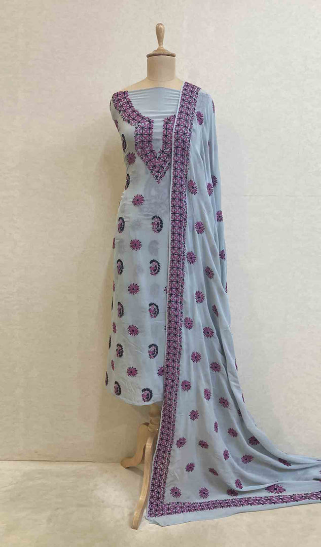 Women's Lakhnavi Handcrafted Pure Silk Georgette Chikankari Kurta  And Dupatta Set- N4522