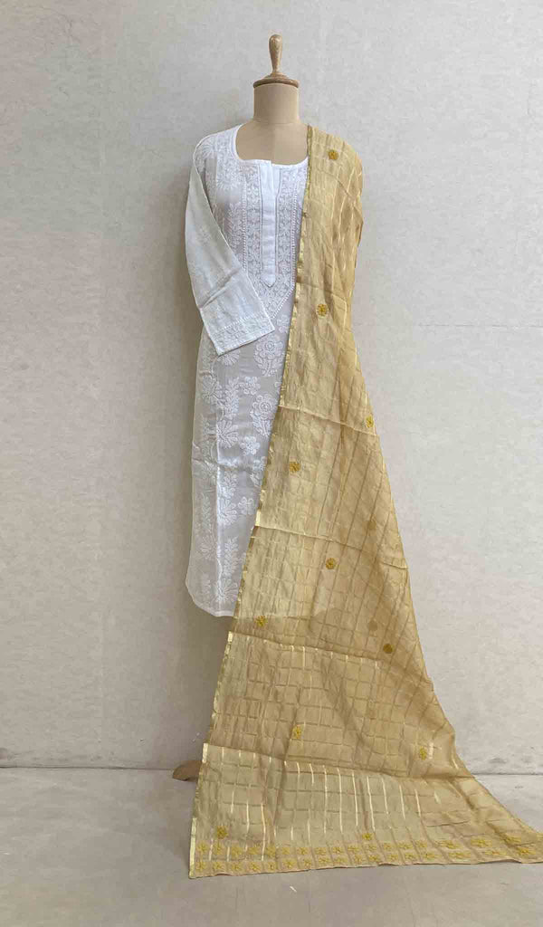 Lakhnavi 手工制作 Chanderi 丝绸 Chikankari Dupatta - HONC049167