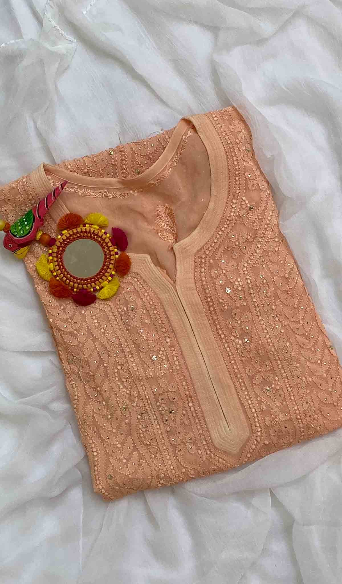 Lakhnavi 手工粘胶乔其纱 Chikankari Kurti - HONC035351