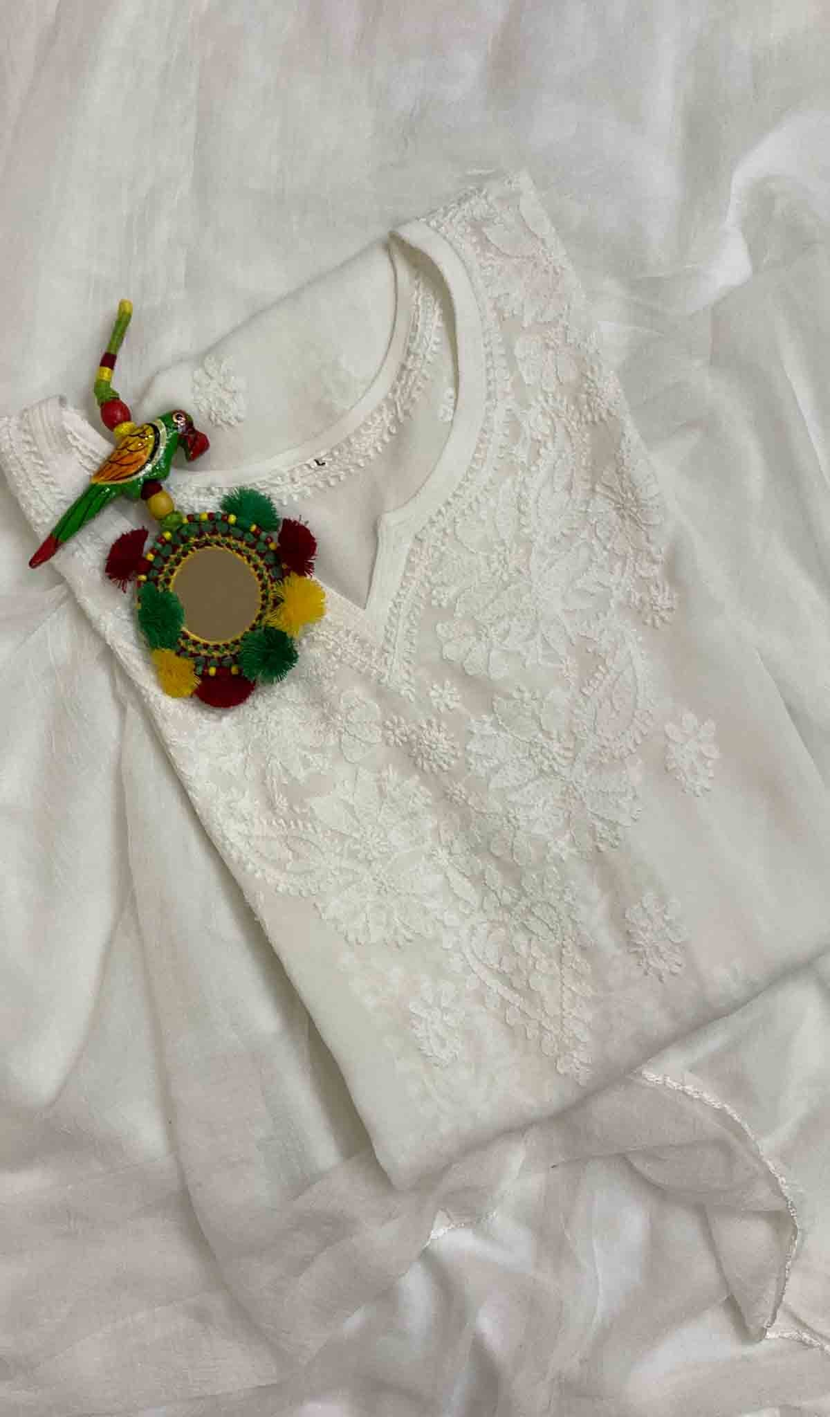 Safiya Women's Lakhnavi Handcrafted Viscose Georgette Chikankari Kurti - HONC029637