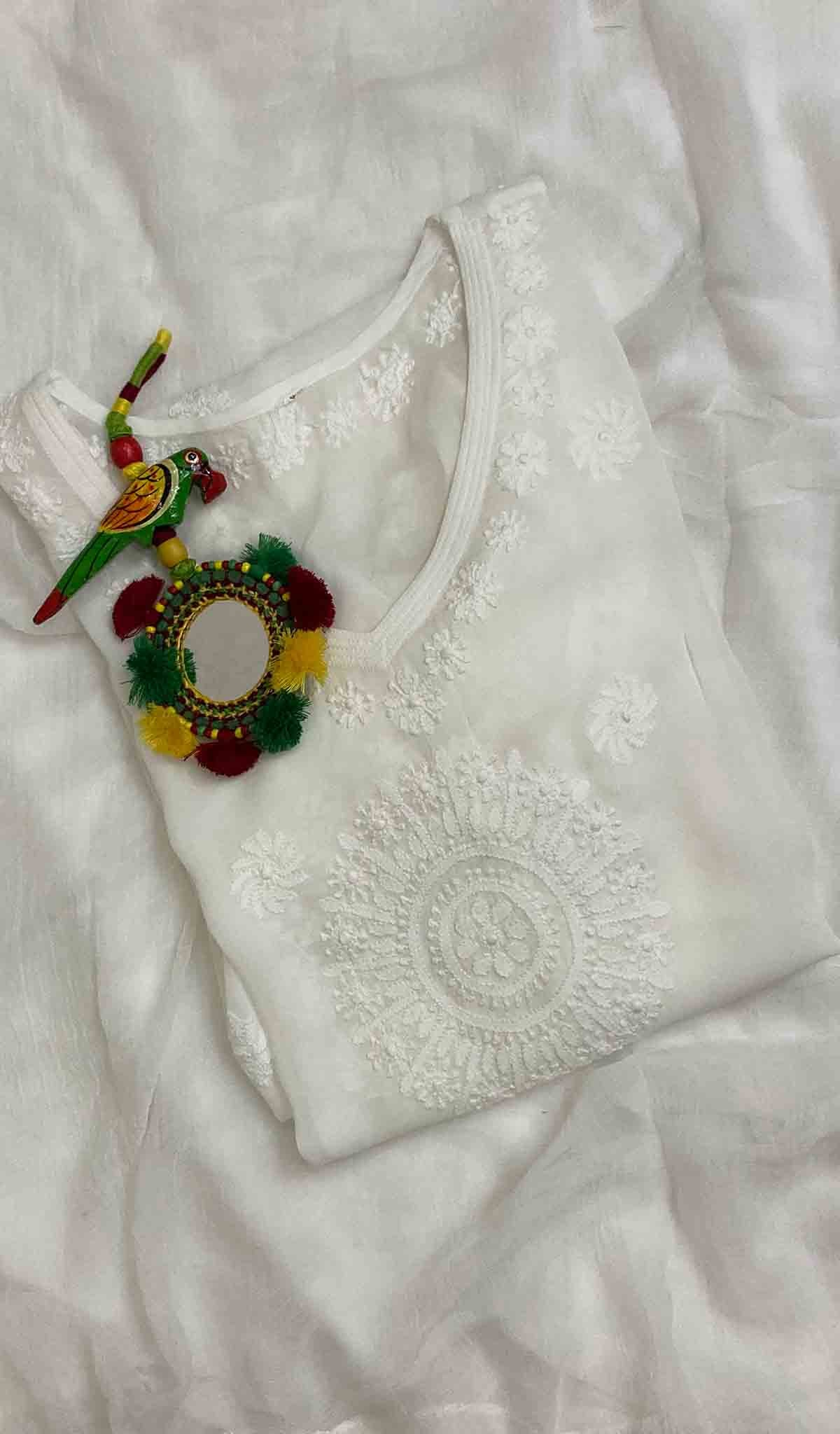 Safiya Women's Lakhnavi Handcrafted Viscose Georgette Chikankari Kurti - HONC029628