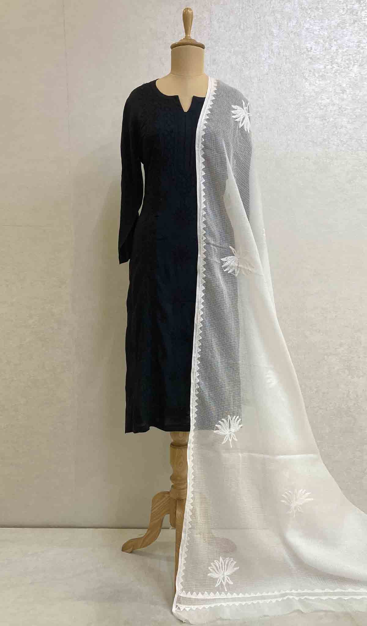 Lakhnavi 手工制作的白色 Kota 棉 Chikankari Dupatta - HONC046553