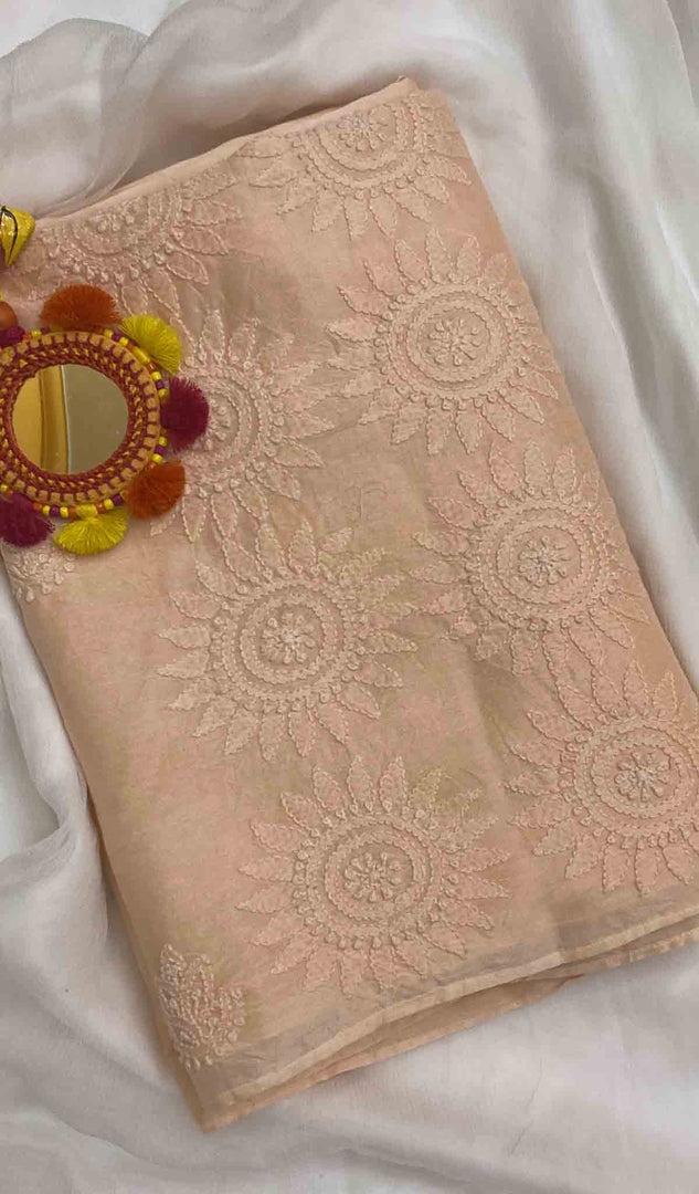 Women's Lakhnavi Handcrafted Chanderi Silk Chikankari Unstitched Kurti Fabric - Honc054022