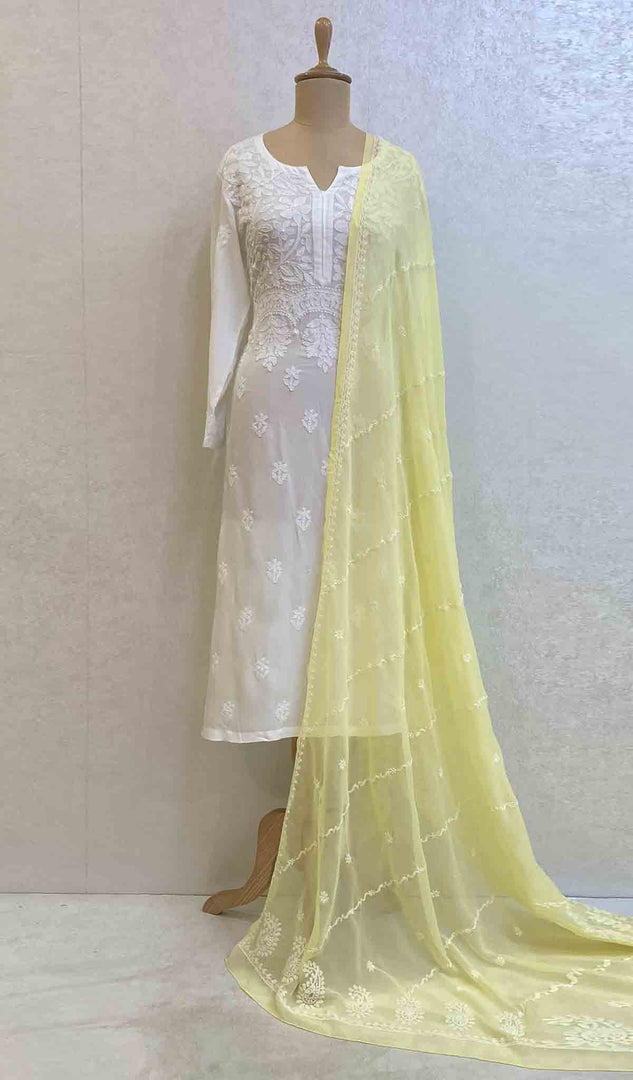 Lucknowi 手工制作的人造乔其纱 Chikankari Dupatta - HONC026795