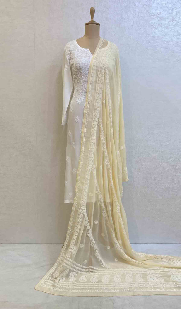 Lucknowi 手工制作的人造乔其纱 Chikankari Dupatta - HONC026794