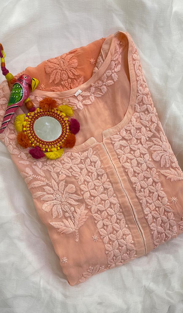 Women's Lucknowi Handcrafted Crepe Chikankari Kurti With Slip - HONC067483