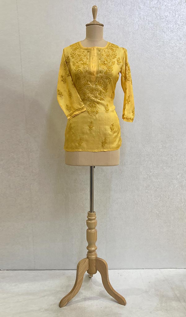 Women's Lakhnavi Handcrafted Tussar Silk Chikankari Top - HONC061595