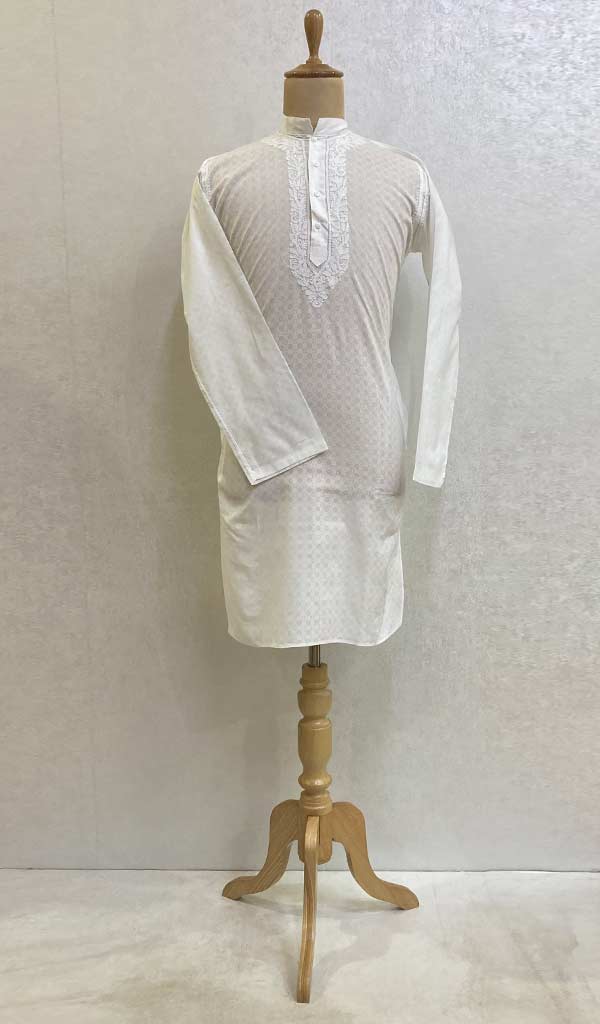 Men's Lucknowi Handcrafted Cotton Chikankari Kurta - HONC072364