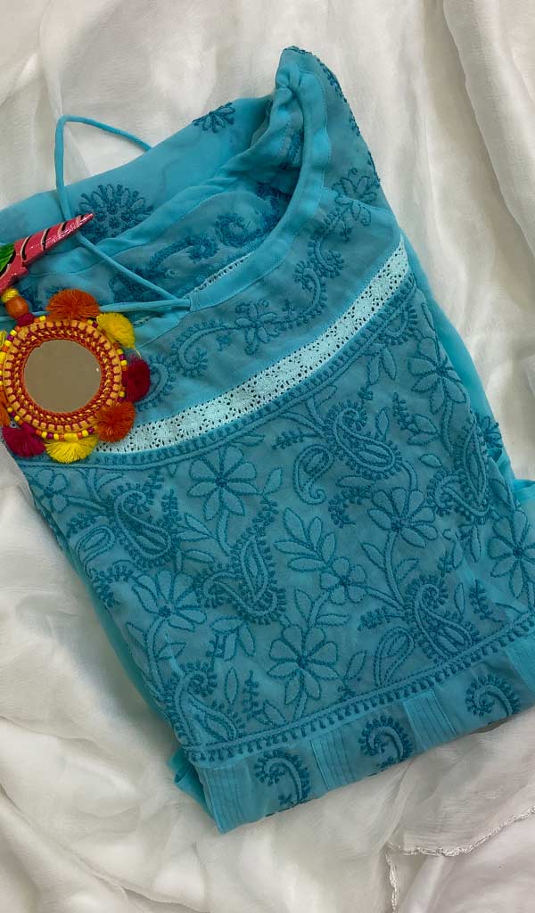 Aidah Women's Lakhnavi Handcrafted Faux-Georgette Chikankari  Anarkali Dress- HONC038979