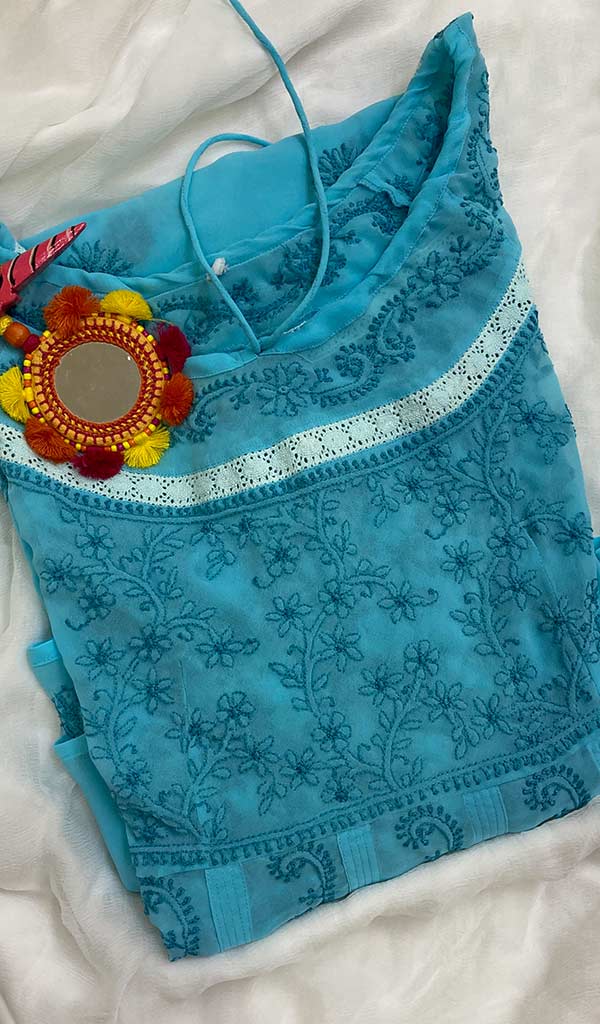 Aadab Women's Lakhnavi Handcrafted Faux-Georgette Chikankari  Anarkali Dress - HONC038987