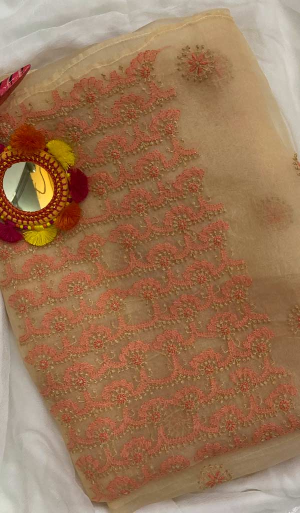 Lucknowi 手工制作的纯欧根纱丝绸 Chikankari 未缝合 Kurti 面料 - Honc067935