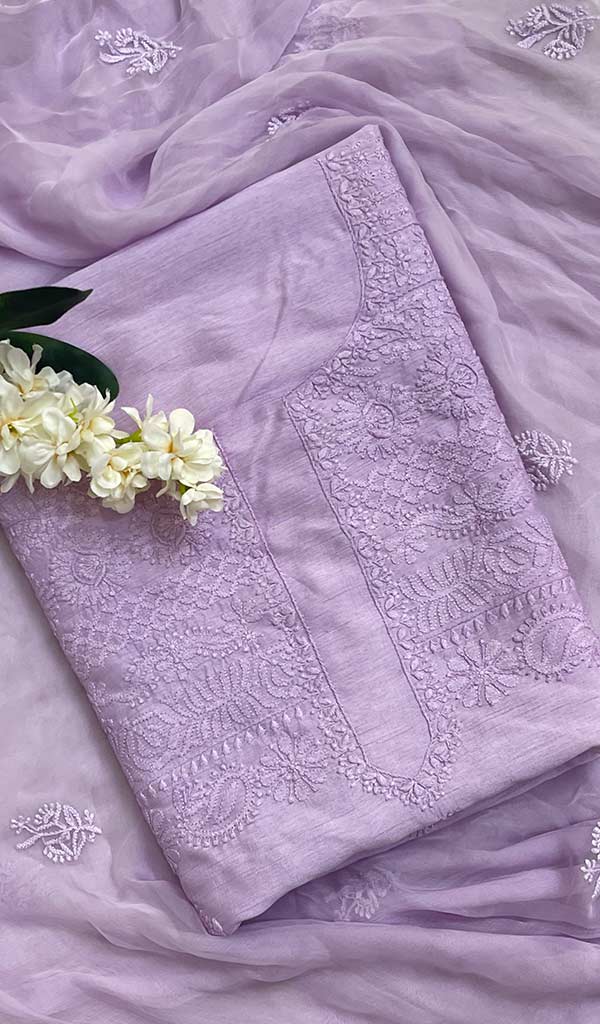 Women's Lakhnavi Handcrafted Raw Silk Chikankari Suit Material - HONC051897