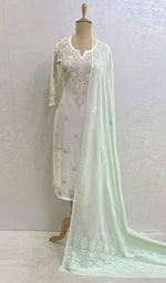 将图像加载到图库查看器中， 勒克瑙手工制作粘胶乔其纱 Chikankari Dupatta - HONC072988

