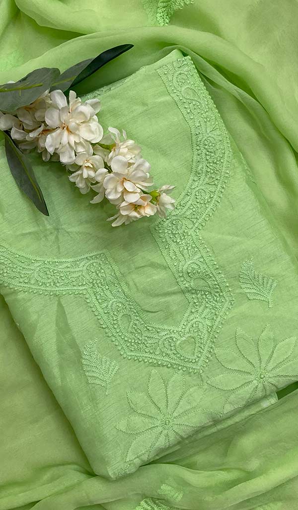 Women's Lakhnavi Handcrafted Raw Silk Chikankari Kurta  And Dupatta Set - HONC051901