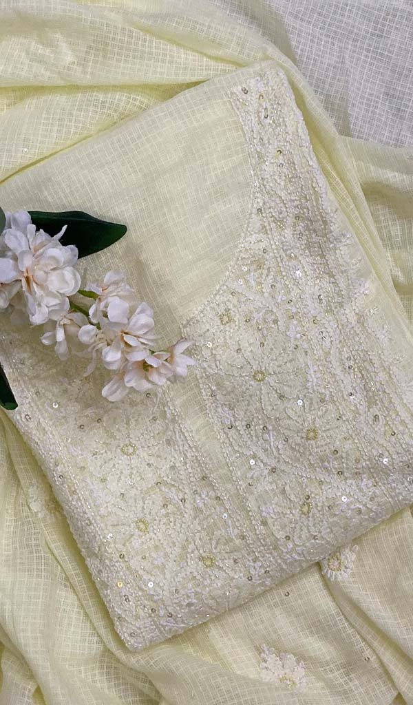 Women's Lucknowi Handcrafted Kota Cotton Chikankari Kurta And Dupatta Set - HONC073068