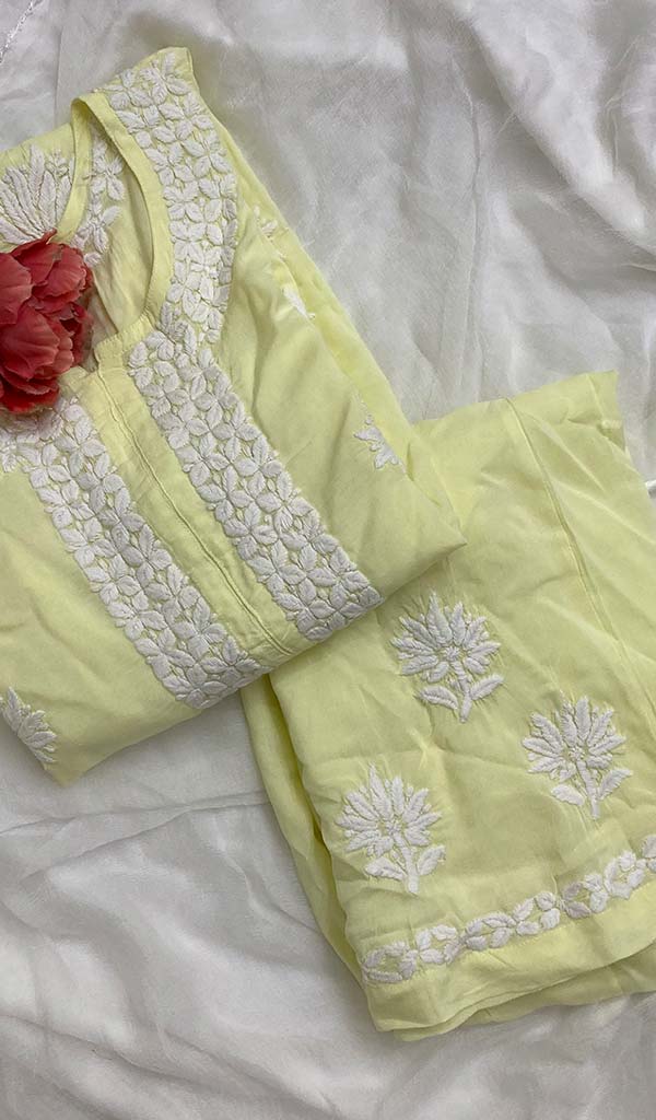 Women's Lakhnavi Handcrafted Modal Cotton Chikankari Kurta And Palazzo Set - HONC056779