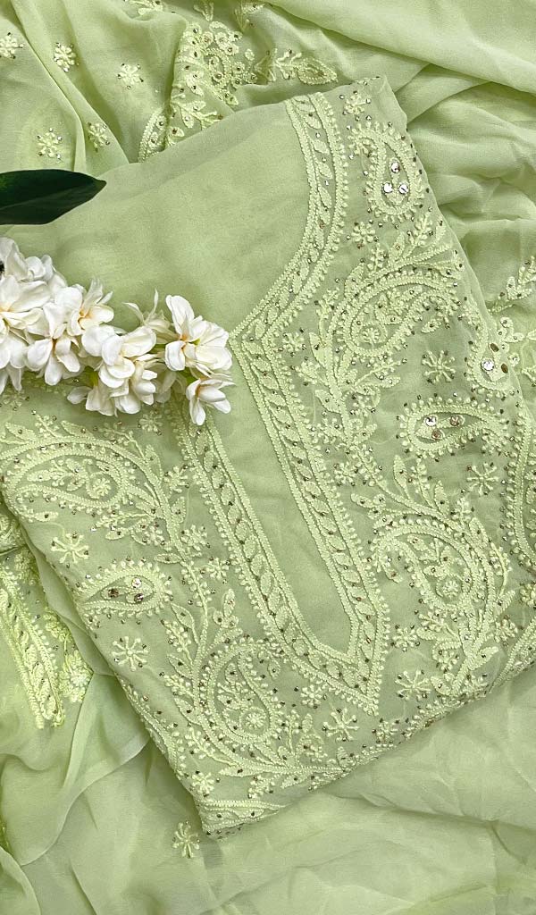 Women's Lakhnavi Handcrafted White Cotton Chikankari Suit Material- HO