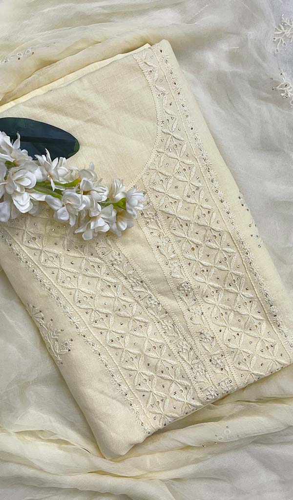 Lucknowi 手工制作亚麻棉 Chikankari Kurta 带雪纺 Dupatta 套装 - HONC067900