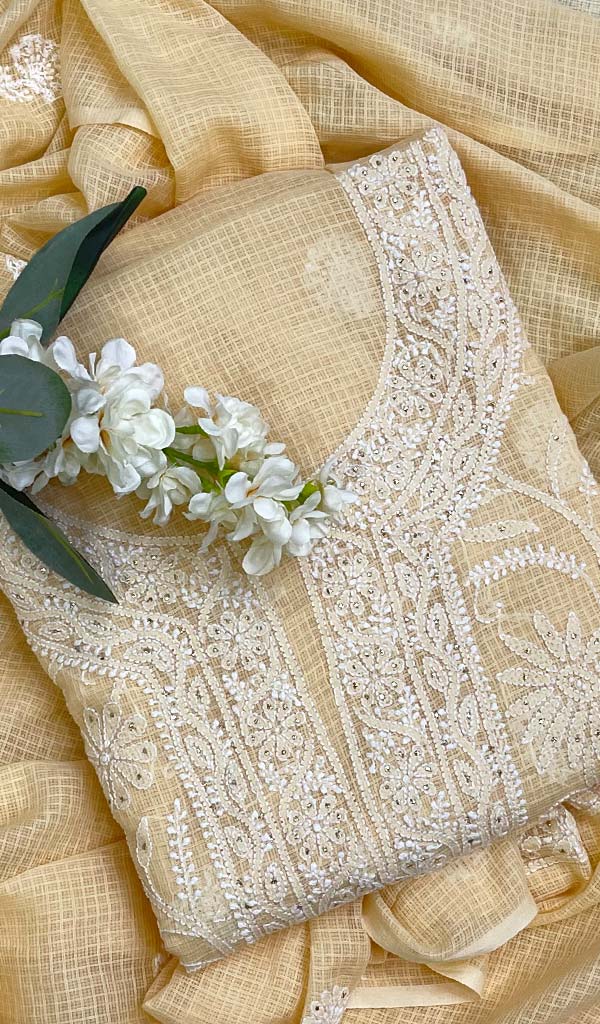 Lakhnavi 手工制作 Kota 棉 Chikankari Kurta 和 Dupatta 套装 - HONC073096