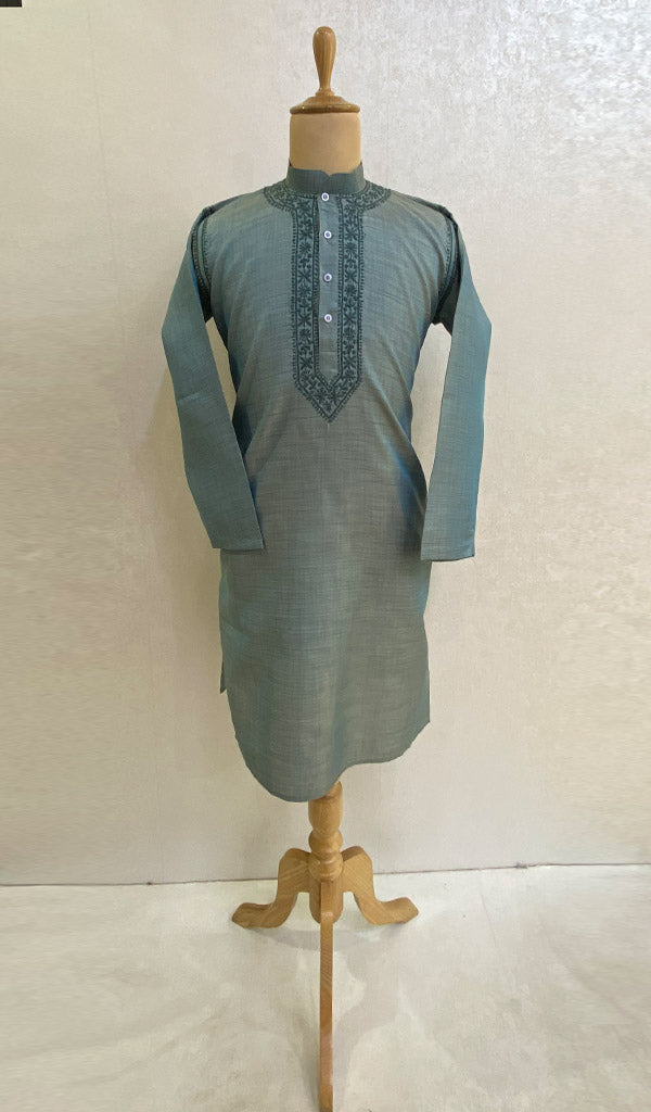 Men's Lucknowi Handcrafted Silk Chikankari Kurta -  HONC086337