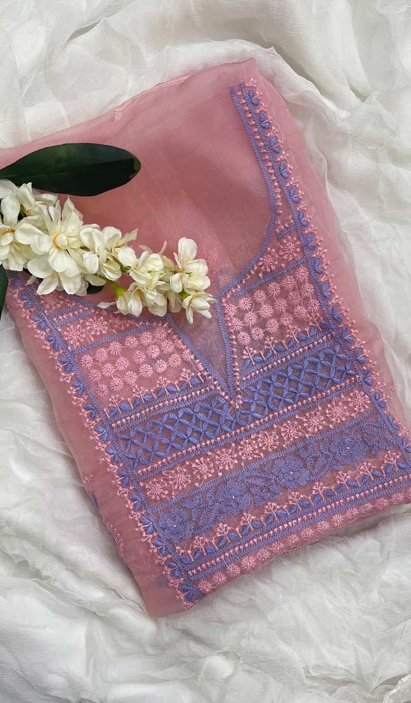 Women's Lucknowi Handcrafted Pure Organza Silk Chikankari Unstitched Kurti Fabric - Honc077276