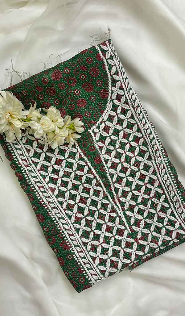 Lucknowi 手工制作 Kota 棉 Chikankari 未缝合 Kurti 面料 - Honc086930