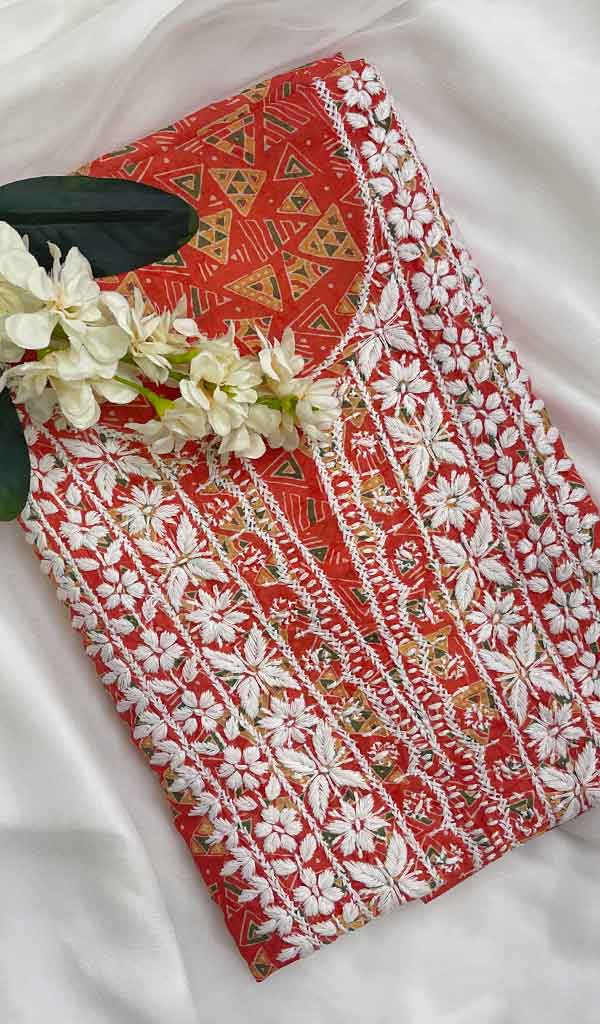 Women's Lucknowi Handcrafted Cotton Chikankari Unstitched Kurti Fabric - Honc086729