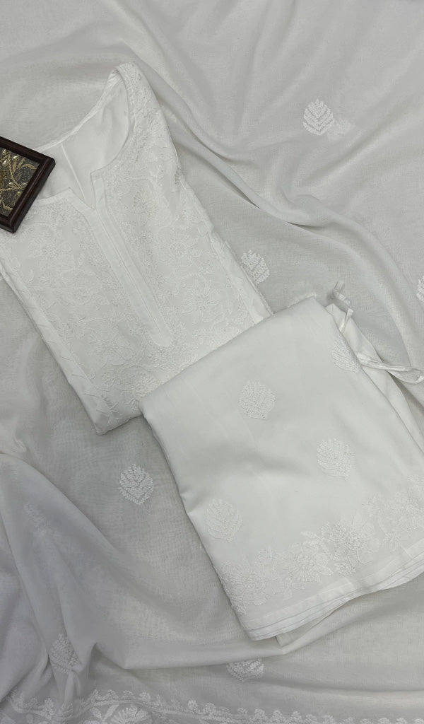 Lakhnavi 手工制作棉质 Chikankari 库尔塔和宫殿套装带杜帕塔 - HONC098052