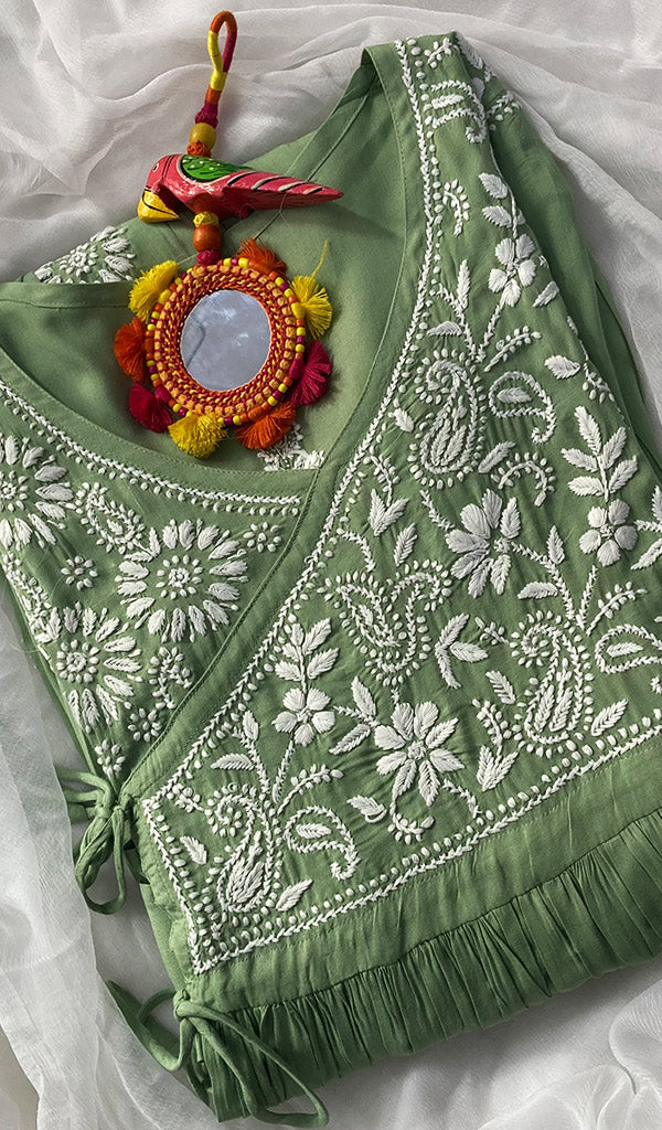 Women's Lucknowi Handcrafted Modal Cotton Chikankari Angrakha Dress - HONC0102854
