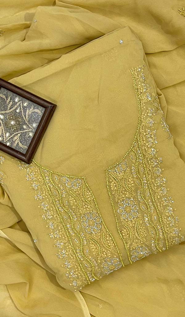 Lucknowi 手工粘胶乔其纱 Chikankari 西装材料 - HONC087615