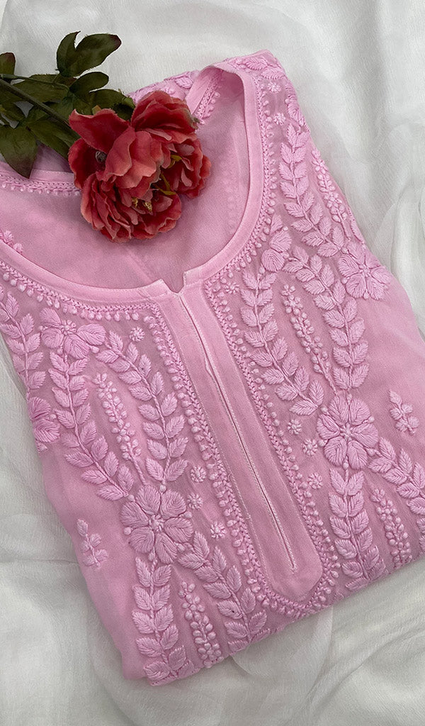 Lakhnavi 手工粘胶乔其纱 Chikankari Kurti - HONC039995