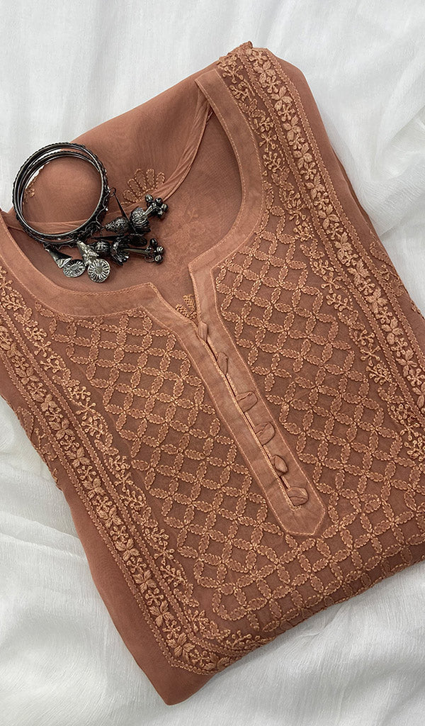 Women's Lakhnavi Handcrafted Organza Chikankari Kurti - HONC0104530