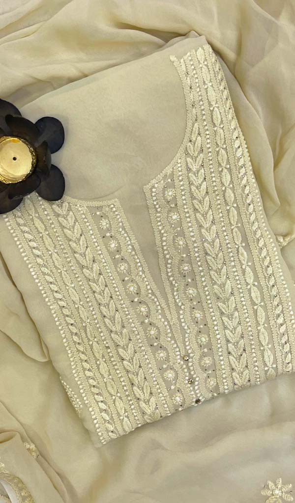 Lucknowi 手工粘胶乔其纱 Chikankari 西装材料 - HONC0102015