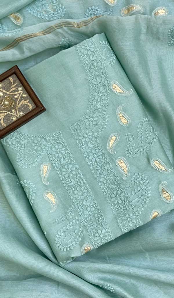 Lakhnavi 手工制作 Chanderi 丝绸 Chikankari 全套套装材料 - HONC067420