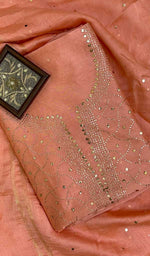将图像加载到图库查看器中， Lakhnavi 手工制作 Chanderi 丝绸 Chikankari 全套套装材料 - HONC03785