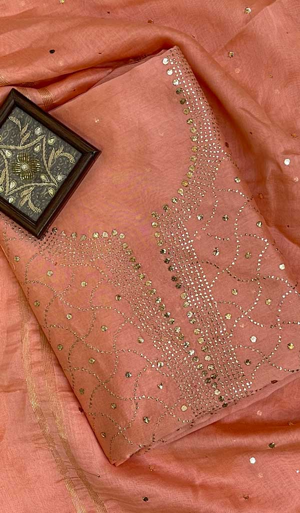 Women's Lakhnavi Handcrafted Chanderi Silk Chikankari Full Suit Material - HONC03785