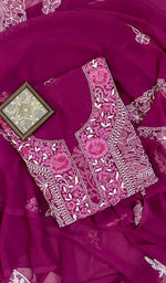 将图像加载到图库查看器中， Lucknowi 手工制作的人造乔其纱 Chikankari Kurta Dupatta 套装 - HONC0107077