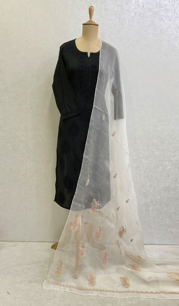 Lucknowi 手工纯欧根纱丝绸 Chikankari Dupatta - Honc0117063