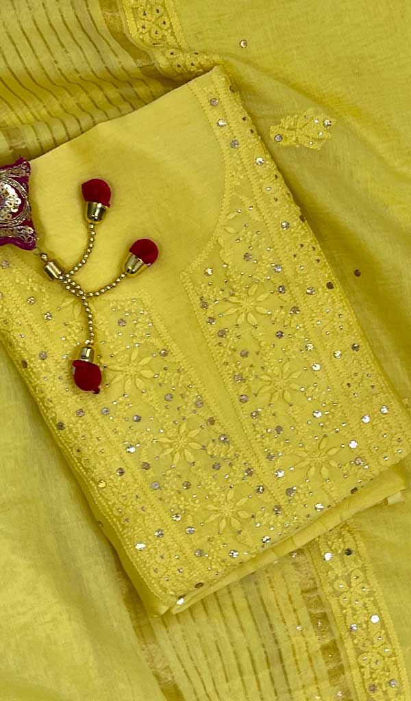 Women's Lakhnavi Handcrafted Chanderi Silk Chikankari Full Suit Material - HONC0107754