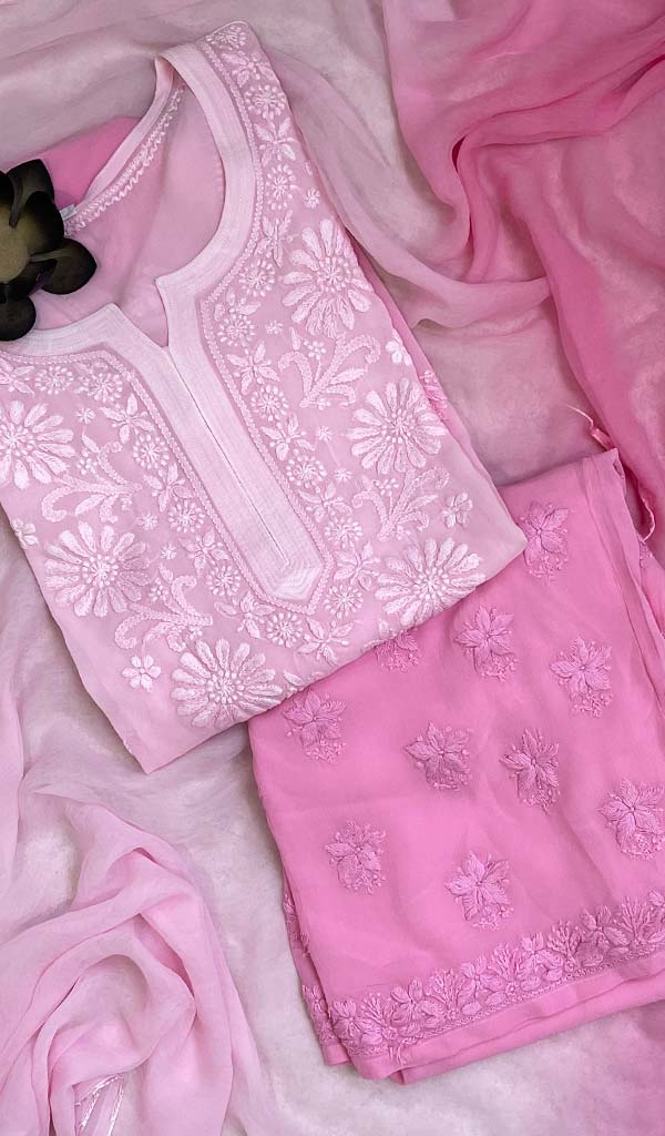 Lucknowi 手工粘胶乔其纱 Chikankari Kurta Palazzo 带 Dupatta 套装 - HONC0113559