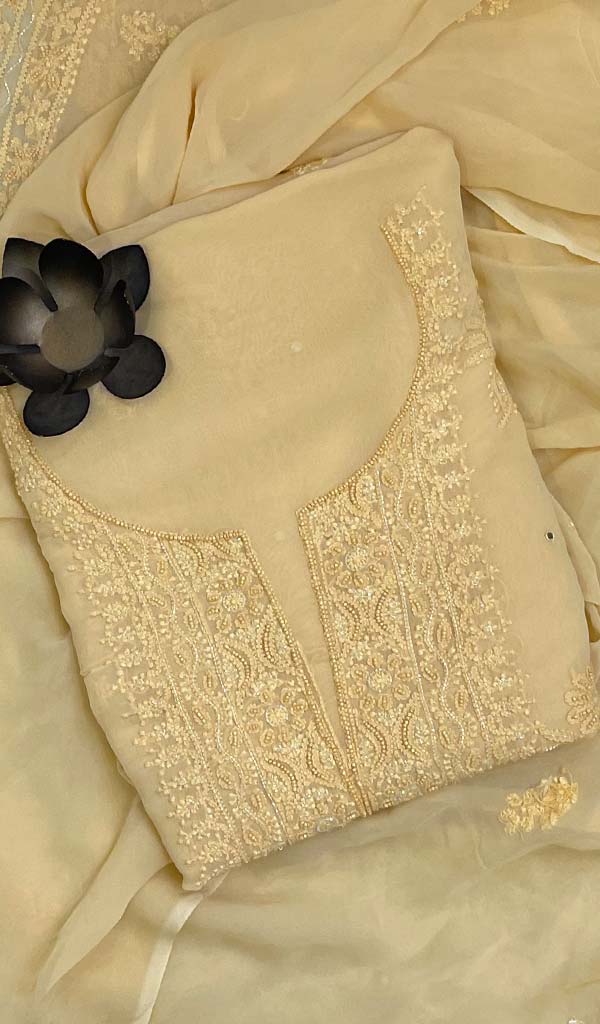 Lucknowi 手工粘胶乔其纱 Chikankari 西装材料 - HONC091967