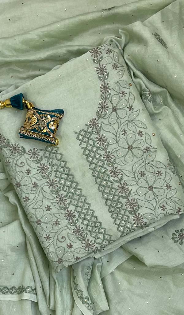 Women's Lakhnavi Handcrafted Chanderi Silk Chikankari Kurta Dupatta Set- HONC0103007
