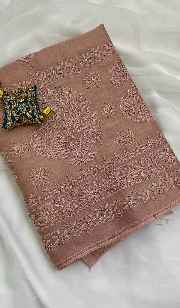 Lakhnavi 手工制作 Chanderi 丝绸 Chikankari 未缝合 Kurti 面料 - Honc091931