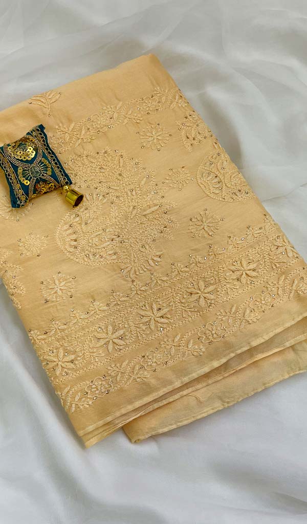 Lakhnavi 手工制作 Chanderi 丝绸 Chikankari 未缝合 Kurti 面料 - Honc091932
