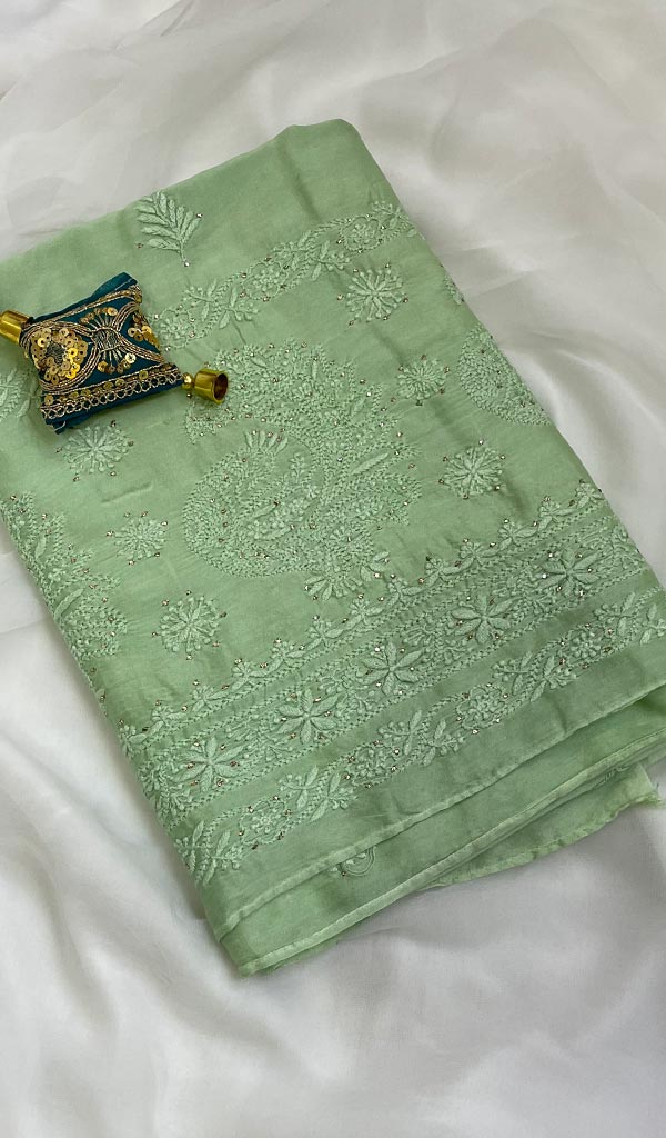 Women's Lakhnavi Handcrafted Chanderi Silk Chikankari Unstitched Kurti Fabric - Honc091935