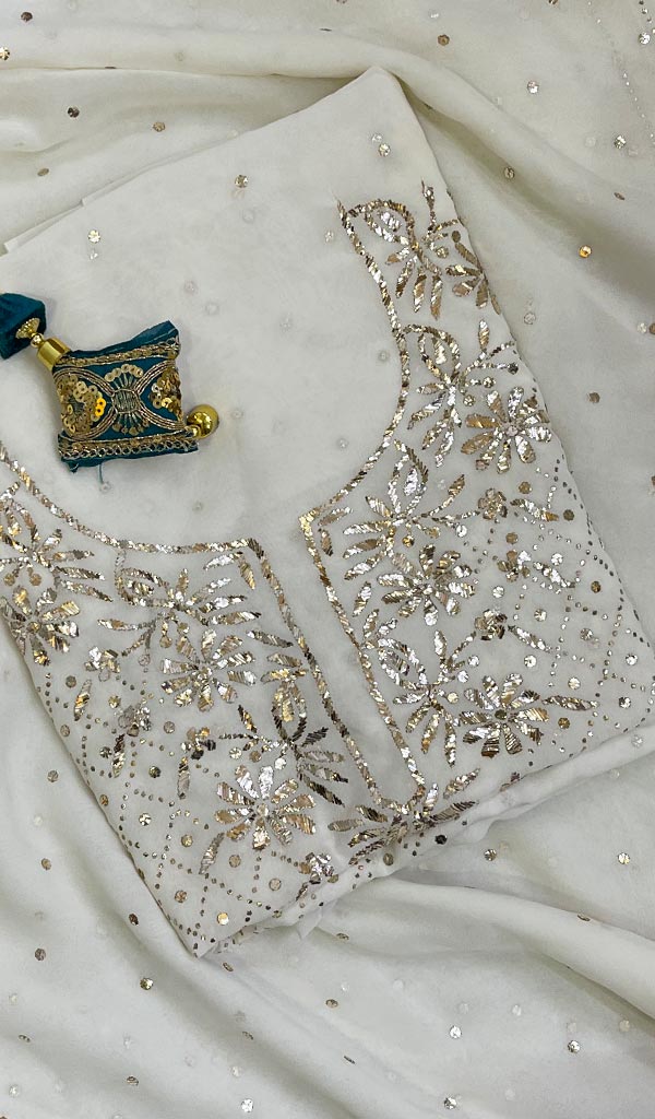 Lakhnavi 手工纯丝乔其纱 Chikankari 库尔塔和杜帕塔套装 - Honc072918